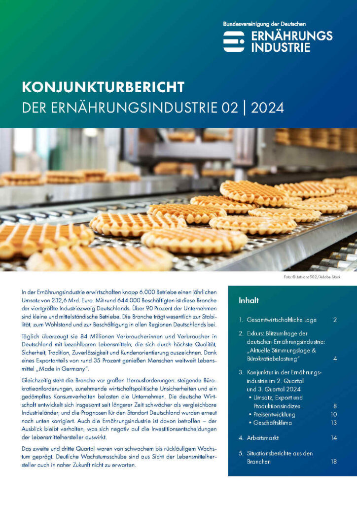 Titelbild des aktuellen Konjunkturberichts 02|2024 der Bundesvereinigung der Deutschen Ernährungsindustrie (BVE). Zu sehen sind Waffeln auf einem Fließband.